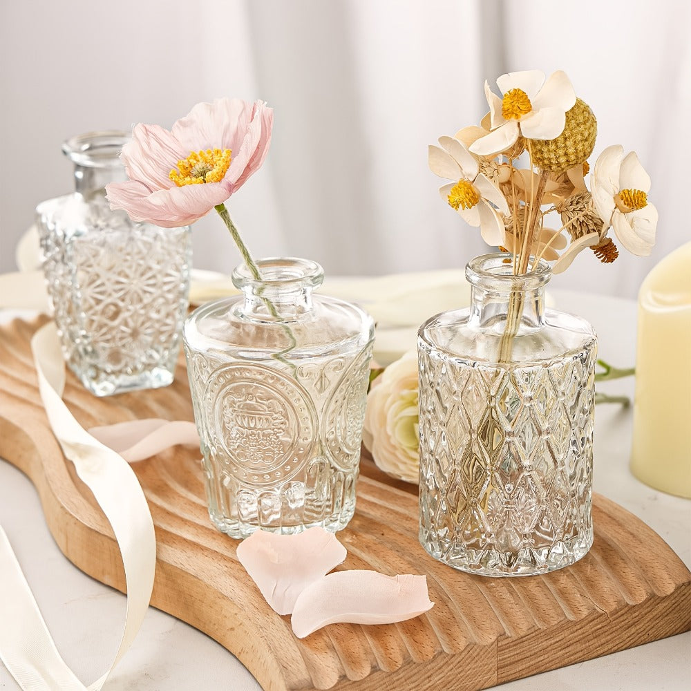 Assorted Clear Glass Bud Vase Set with 12, 24 or 64 Mixed Shapes for Flowers and Table Centerpieces