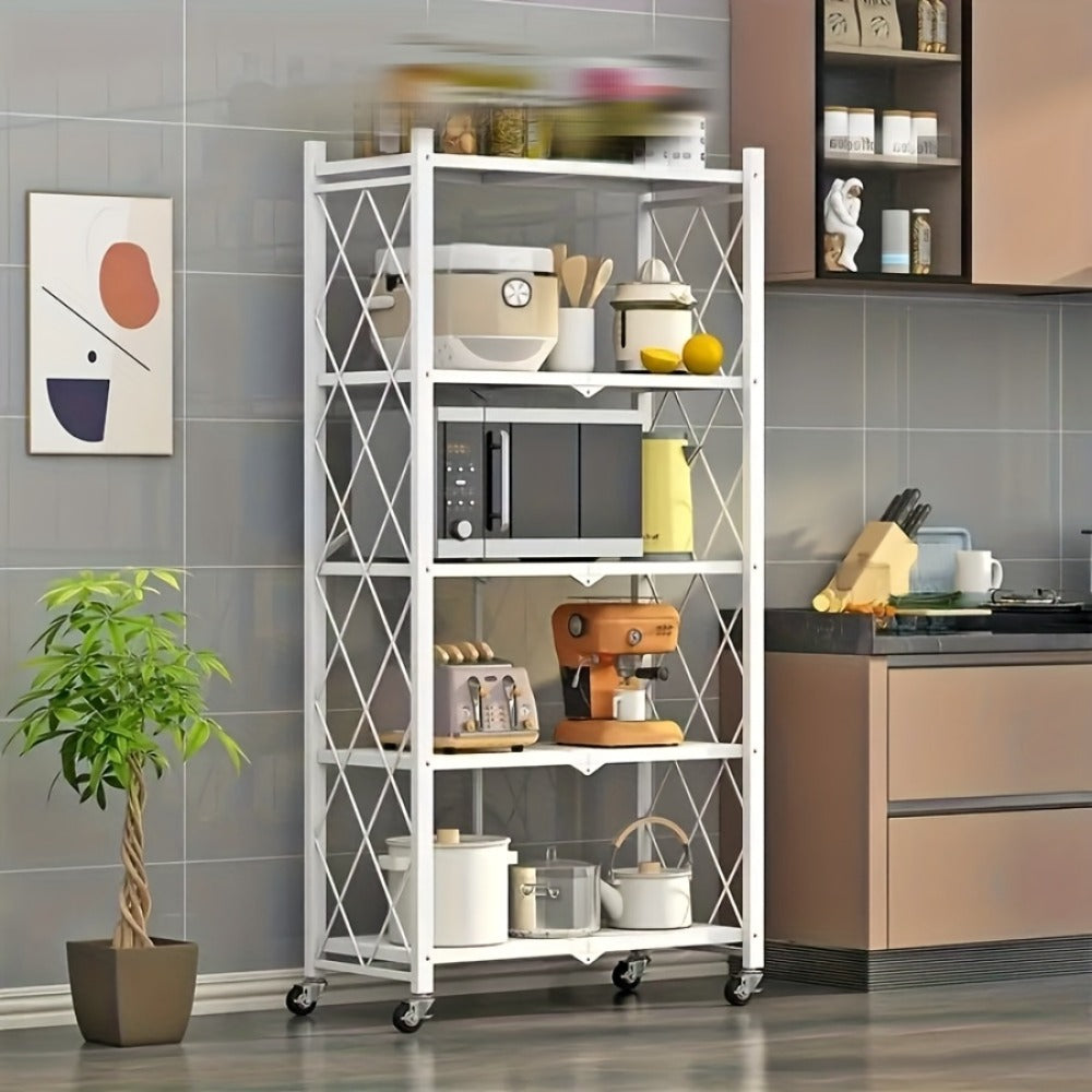 Three-to-Five-Tier Wheeled Storage Rack with Foldable Shelves and Black or White Configurations