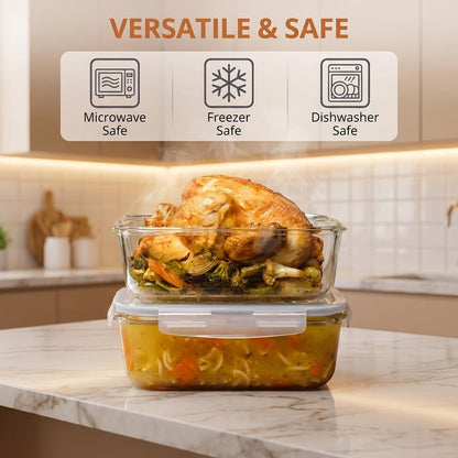 Glass Food Storage Containers with Lids 2 Pack – 63oz Large Airtight Snap Lock Meal Prep Containers, Leak Proof Glass Dish with Lid for Oven, Microwave & Refrigerator, Food Transport Tubs