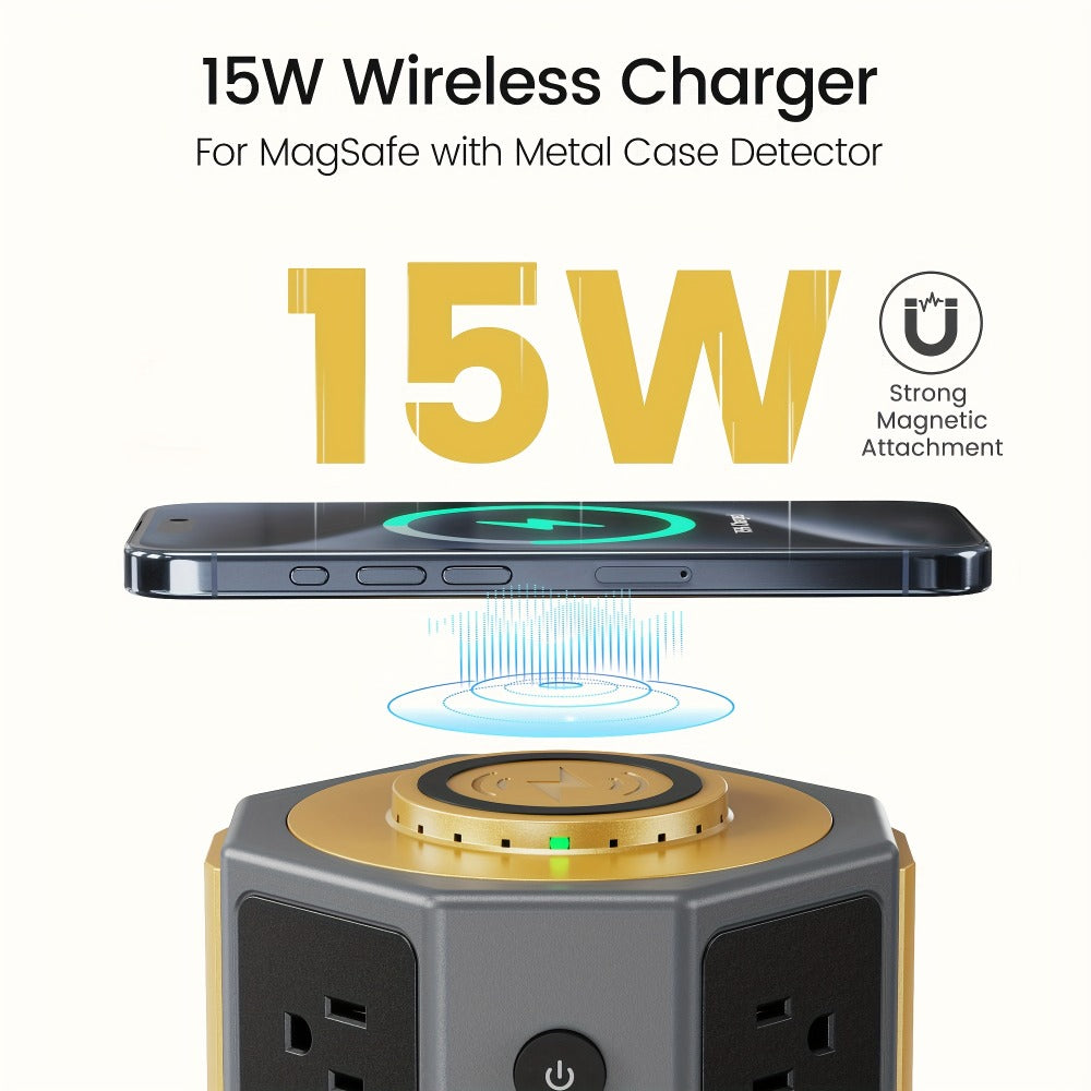 Power Strip Tower with 12 AC Outlets, 4 USB-A, 2 USB-C, 15W Magnetic Wireless Charger and 5.5-Foot Retractable Cord