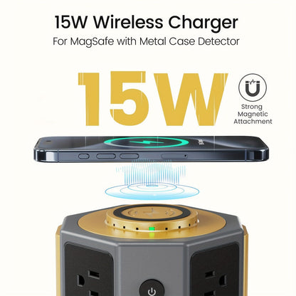 Power Strip Tower with 12 AC Outlets, 4 USB-A, 2 USB-C, 15W Magnetic Wireless Charger and 5.5-Foot Retractable Cord