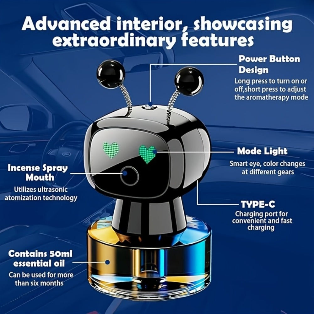 Car Air Freshener Robot-Shaped Auto Spray Diffuser with Four Intensity Levels and Five Color-Scent Options