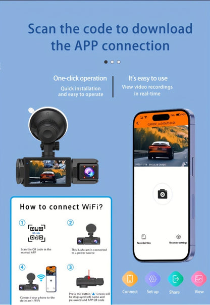1080P-Labeled Dash Camera with Two- or Three-Lens Options, Screen and Optional WiFi or 32GB Card