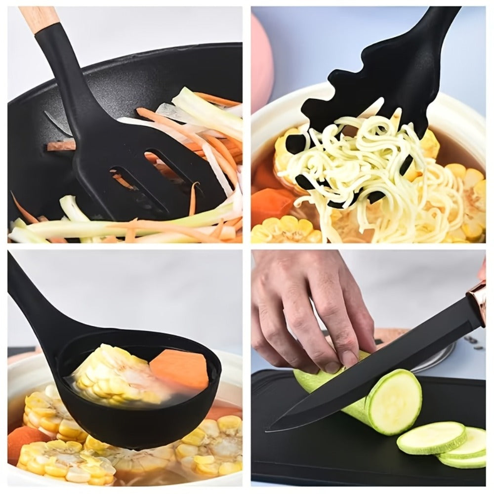 19-Piece Non-Stick Silicone Cookware Set with Bamboo Storage, Knives & Wooden Handle, Pots, Pans & Utensils for Induction & Oven