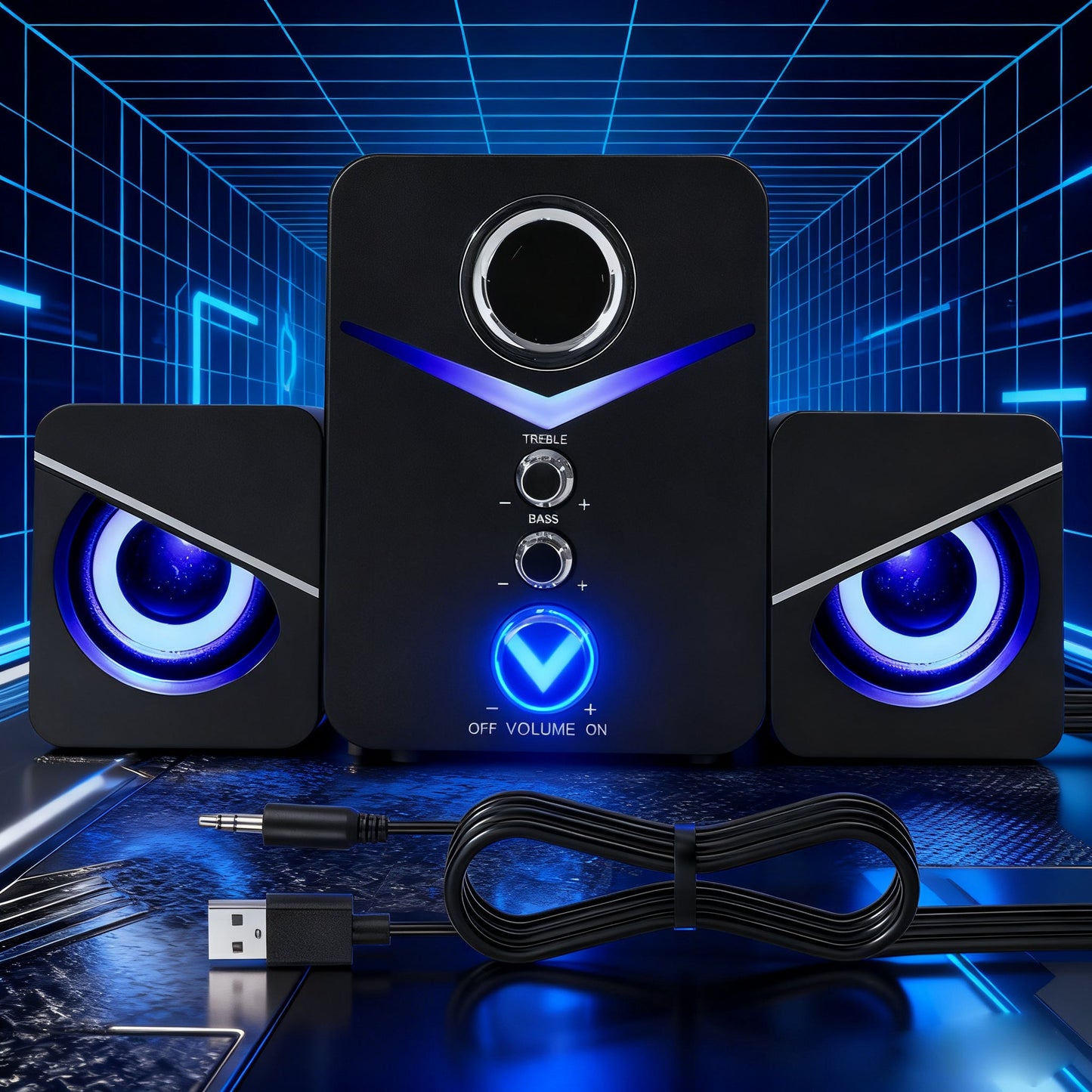 3-Piece Desktop Speaker System with Subwoofer | USB Powered PC Speakers, 3.5mm Audio Jack, Independent Bass & Treble Control, Blue LED Light – Stereo Sound for PC, Laptop, Mac & Home Office