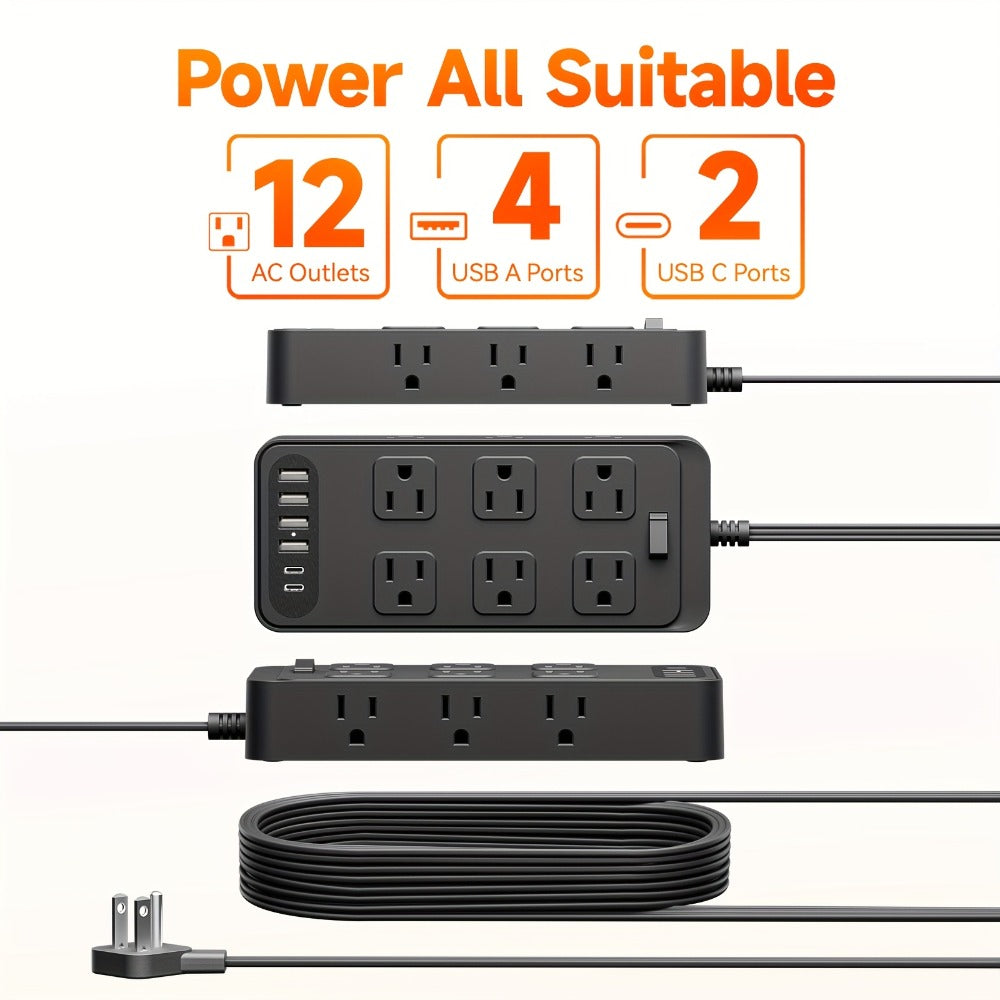 Power Strip Flat Plug 18-in-1 Surge Protector with 12 AC Outlets, 4 USB-A, 2 USB-C and 5- or 10-Foot Cord