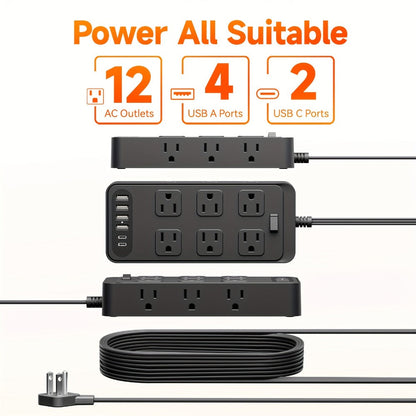 Power Strip Flat Plug 18-in-1 Surge Protector with 12 AC Outlets, 4 USB-A, 2 USB-C and 5- or 10-Foot Cord