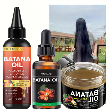 Batana Oil 3-Piece Hair Care Kit – Pure Cold-Pressed Honduras Batana Oil 3.38oz + Essential Oil 1.01oz + Hair Cream 120g, Scalp Repair, Anti-Breakage, All Hair Types