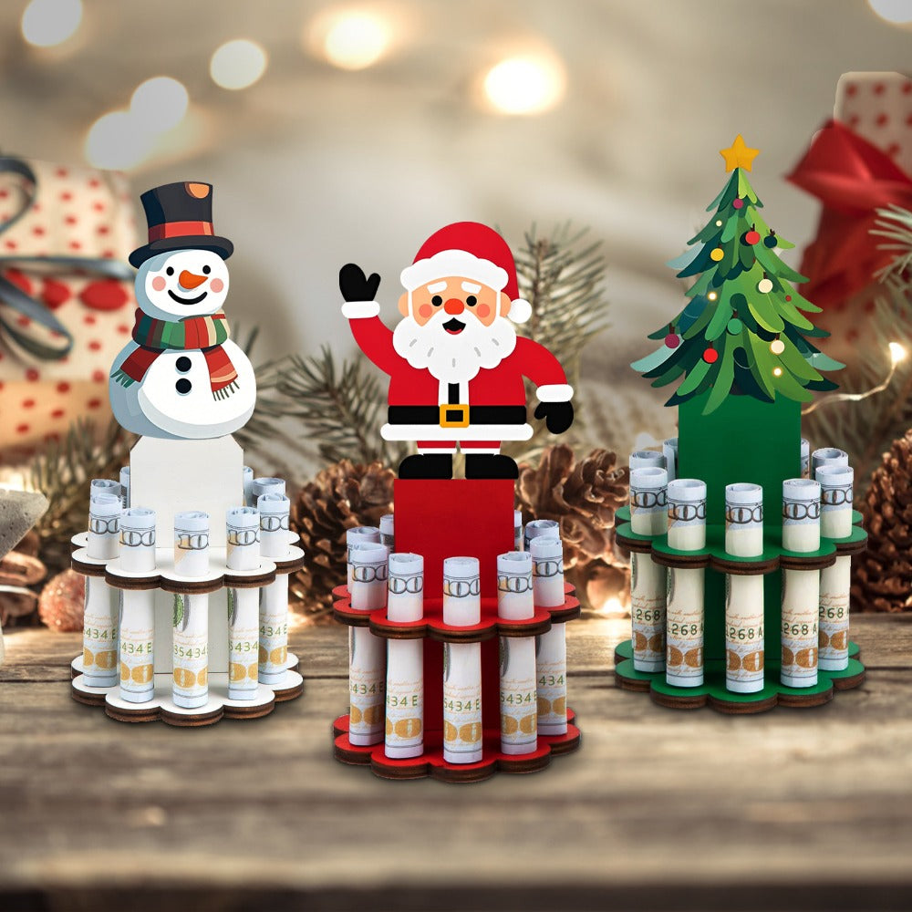 Three-Piece Santa, Snowman and Christmas Tree Rolled-Money Display Set with Ten Slots Each
