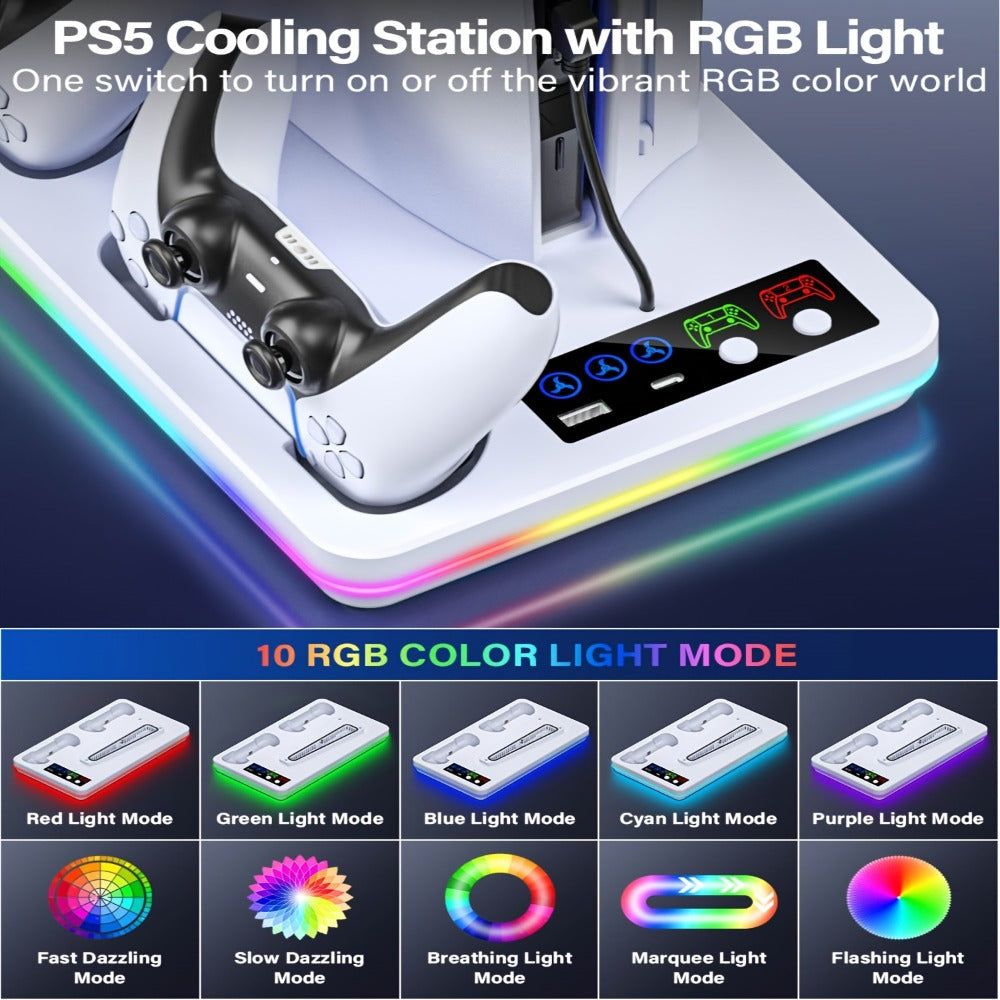 RGB Console Stand Compatible with PS5, Slim and Pro Models, Three-Speed Fan and Dual Controller Charging Dock