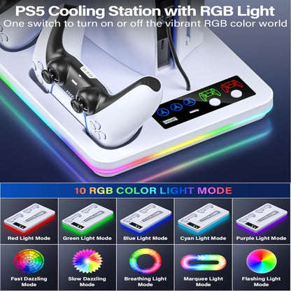 RGB Console Stand Compatible with PS5, Slim and Pro Models, Three-Speed Fan and Dual Controller Charging Dock