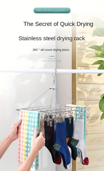 Stainless Steel Hanging Laundry Drying Rack with Square or Round Frame and 30, 40 or 50 Garment Clips