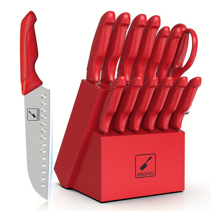14-Piece Kitchen Knife Set with Japanese 420 Stainless Steel Label, Red Handles, Scissors and Sharpening Block