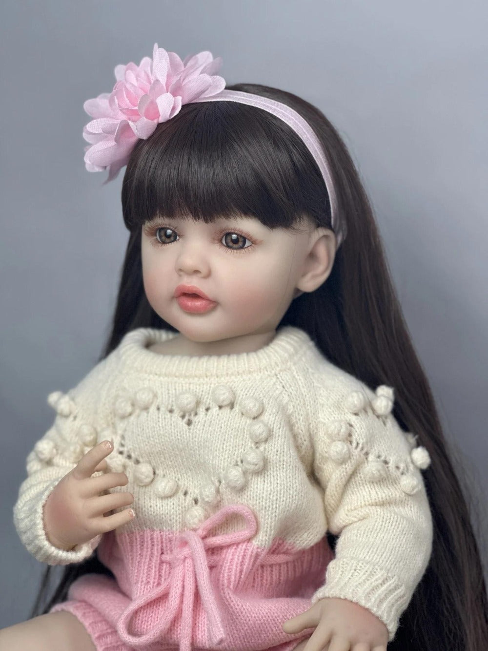 Reborn Baby Doll 22-Inch Full Vinyl Seated Design with Long Dark Wig Hair, Acrylic Eyes and Outfit Set