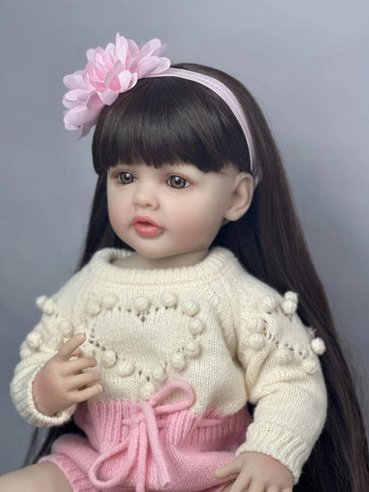 Reborn Baby Doll 22-Inch Full Vinyl Seated Design with Long Dark Wig Hair, Acrylic Eyes and Outfit Set