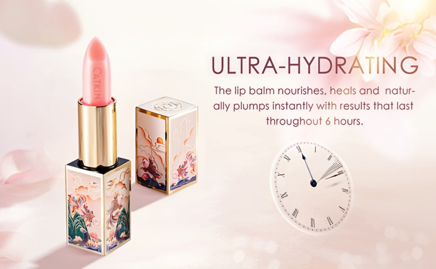 Lip Balm CATKIN Tinted Stick with Five Named Shade Options, Glossy Finish and Floral Packaging