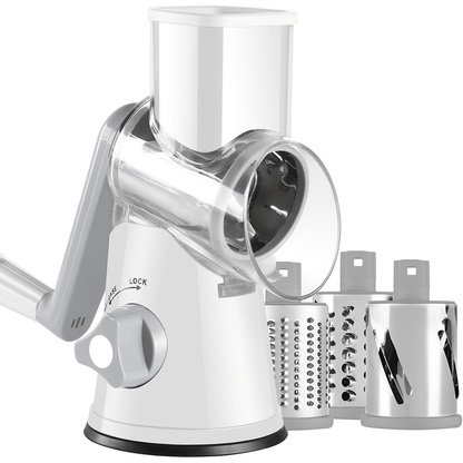 Rotary Cheese Grater – Stainless Steel Hand Crank Shredder with 3 Interchangeable Blades, Non-Slip Suction Base & Cleaning Brush, BPA-Free Vegetable Grater for Cheese, Nuts & Vegetables