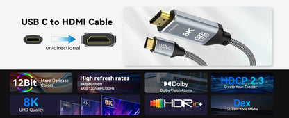 USB-C to HDMI 2.1 Cable 8K@60Hz 4K@144Hz, Aluminum Braided Thunderbolt 4/3 Compatible, 48Gbps HDCP 2.3 HDR