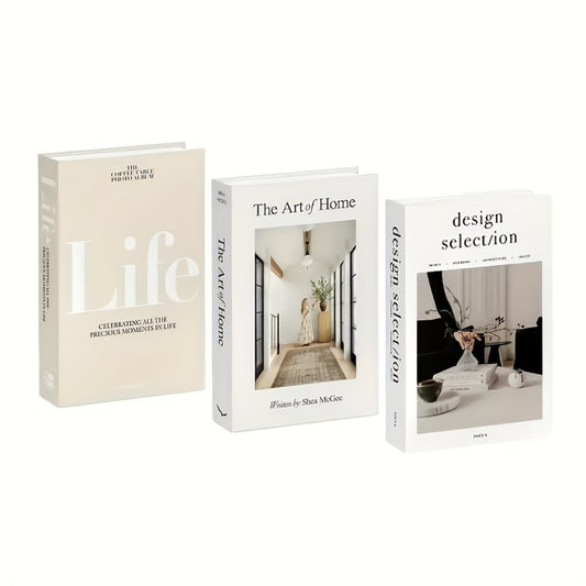 Decorative Books Set of 3 for Home Decor, Faux Coffee Table Books with Gold Text – Life, The Art of Home & Design Choices, Minimalist Shelf Decor, Photo Props, Stylish Bookshelf Accent