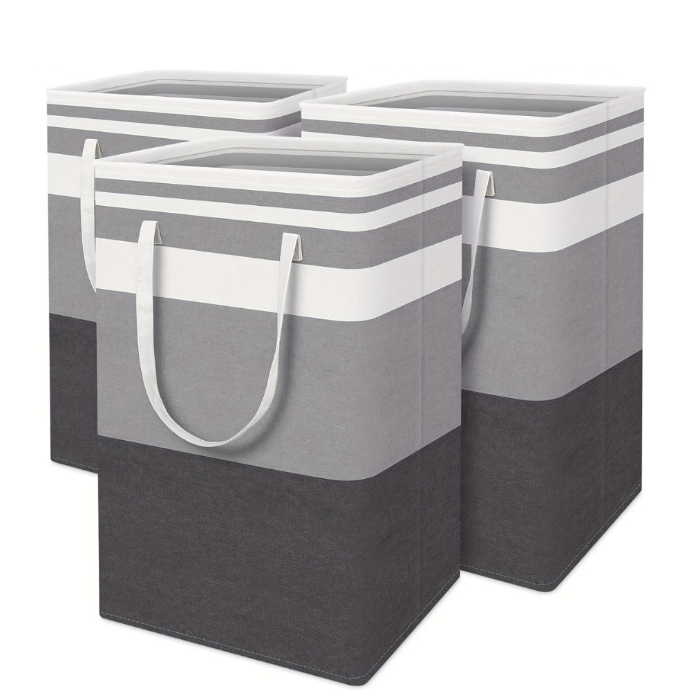 Three-Pack 75 L Gray Collapsible Laundry Basket Set with Carry Handles for Bedrooms and Dorms