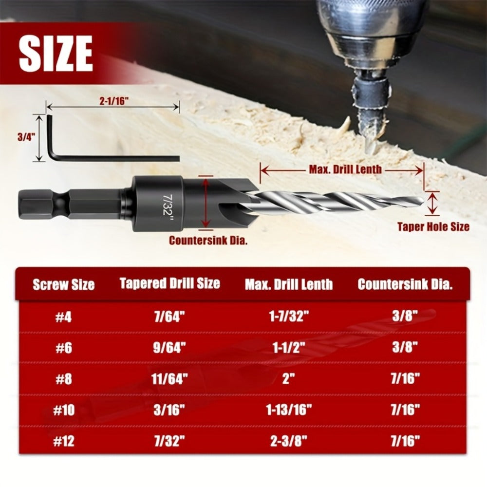 5pcs Countersink Drill Bit Set #4 #6 #8 #10 #12 Tapered with 1/4" Hex Shank Quick-Change – Adjustable Wood Counter Sinker Bits with Allen Wrench for Woodworking