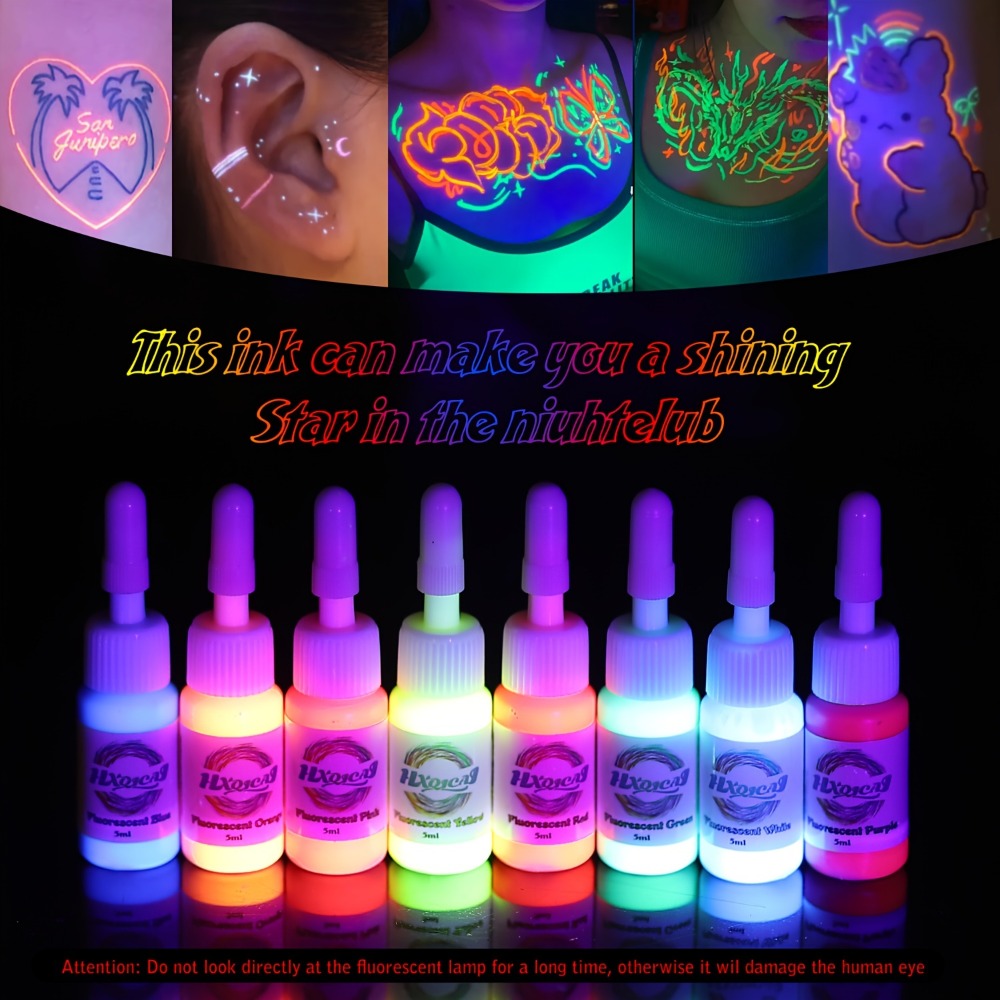 Tattoo Ink 8-Color UV Fluorescent Set with 5ml Bottles and Gallery-Shown Full Neon Color Range