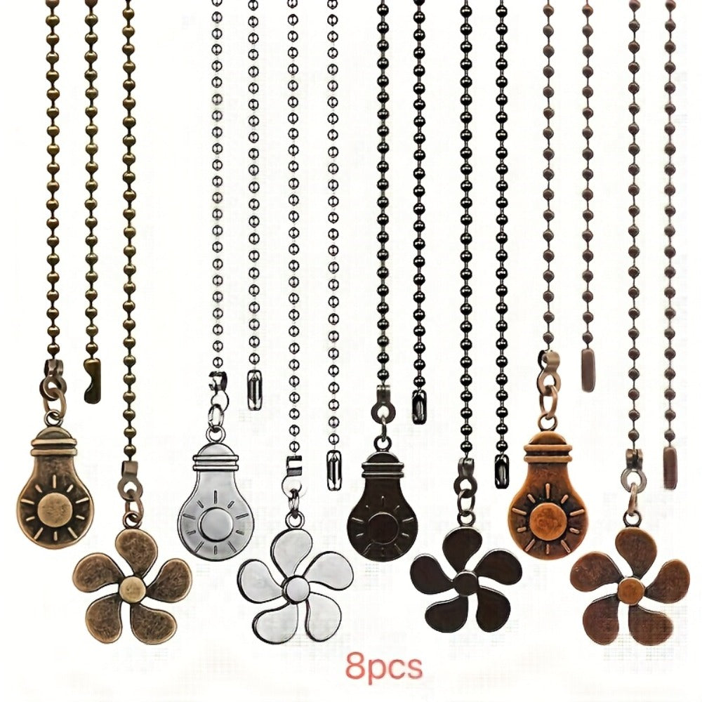 Eight-Piece Ceiling Fan Pull Chain Extension Set with Leaf and Bulb Pendants in Five Finish Options