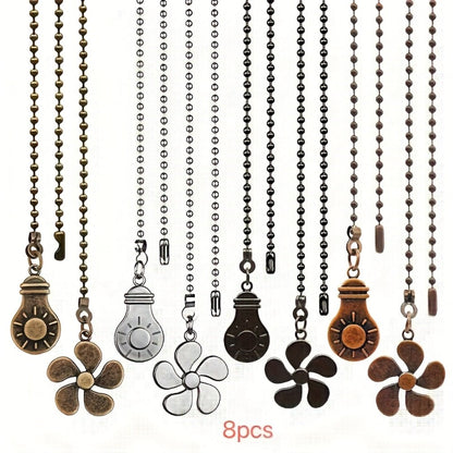 Eight-Piece Ceiling Fan Pull Chain Extension Set with Leaf and Bulb Pendants in Five Finish Options