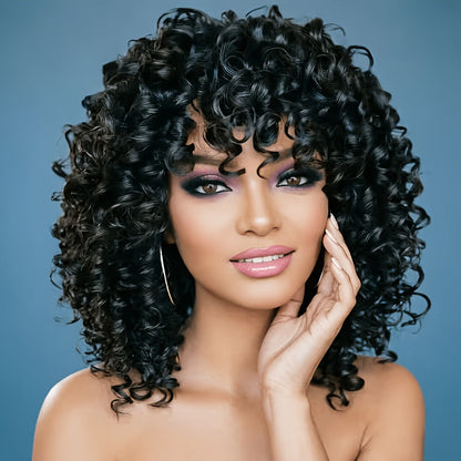 Synthetic Wig 14-Inch Deep-Wave Curly Bob with Bangs, Glueless Elastic-Band Cap for Daily Styling