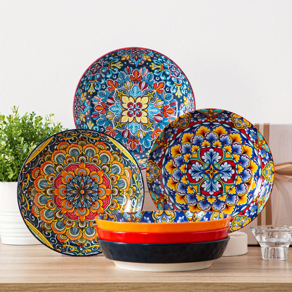 Bohemian Pasta Bowls Set of 6 | 32 Oz Porcelain, Floral Pattern, Microwave & Dishwasher Safe – VANCASSO