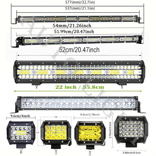 LED Off-Road Light Bar Kit 4"-21" Strip & Work Lights Combo for Jeep Truck Car - Wiring Harness Included