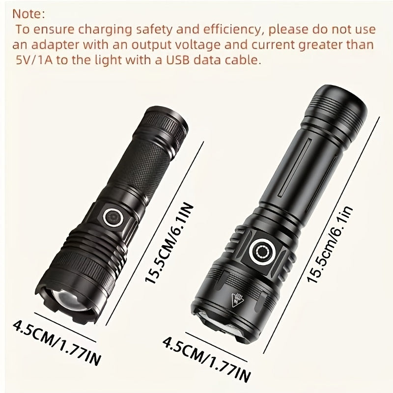 Two-Piece Black Rechargeable Zoom Flashlight Set with Ignition Lens, USB Charging Cable and Focus Control