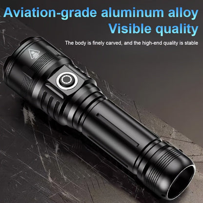 Two-Piece Black Rechargeable Zoom Flashlight Set with Ignition Lens, USB Charging Cable and Focus Control