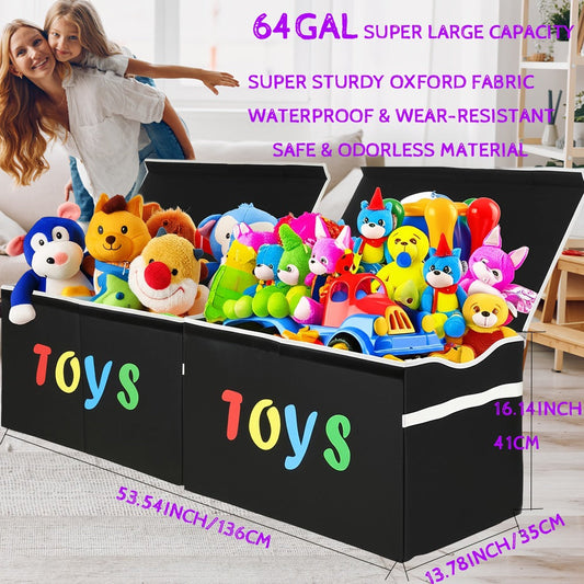 Collapsible Storage Box with Lid & Adjustable Dividers | Large Toy Chest Bin 54x16x14 Inch | Foldable Organizer for Playroom Bedroom Nursery | Boys Girls Toy Storage Box Black Dark Grey