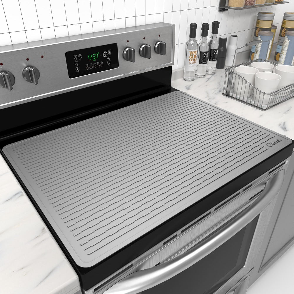 Kitchen Mat, 30x21-Inch Silicone Stove Cover and Counter Drying Pad in Gray or Black with Striped Surface