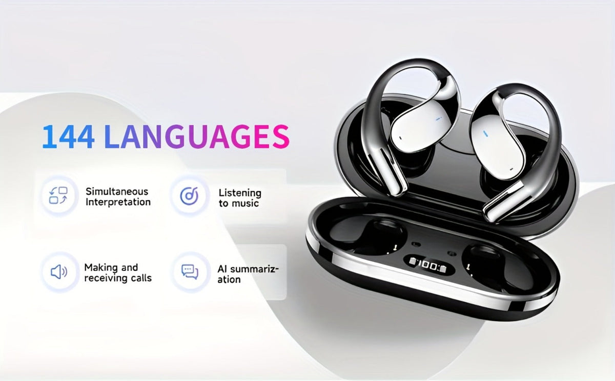 6-Mic AI Translation Bone Conduction Headset 144 Languages, Real-Time Translator Wireless Headphones