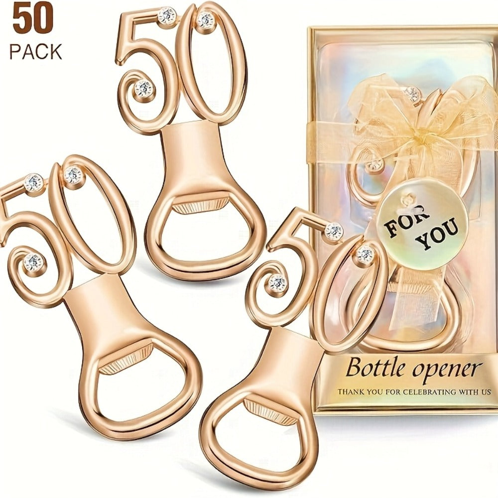 Rhinestone Bottle Opener Party Favors, 50-Piece Gold Set for Birthday, Wedding and Anniversary Guest Gifts