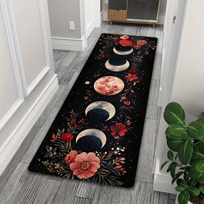 Bohemian Moon Phase Floral Area Rug Non-Slip Washable Rectangle Mat, Artistic Decorative Kitchen Runner for Hardwood Floors, Bedroom, Living Room, Laundry Room, Entryway and Hallway Home Decor