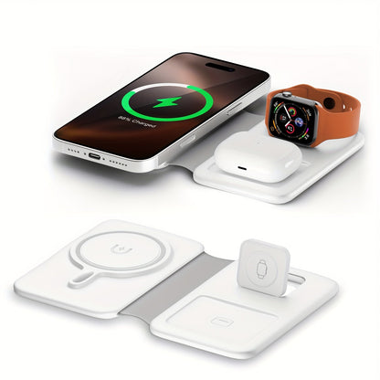 Foldable Three-Device Wireless Charging Station for Phone, Watch and Earbuds with Magnetic Supports