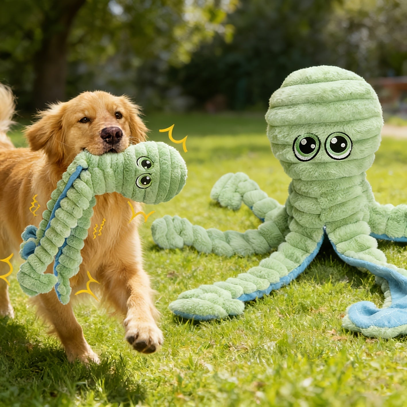 Dog Toy Squeaky Plush Octopus with Textured Tentacles and Six Color Options for Supervised Play