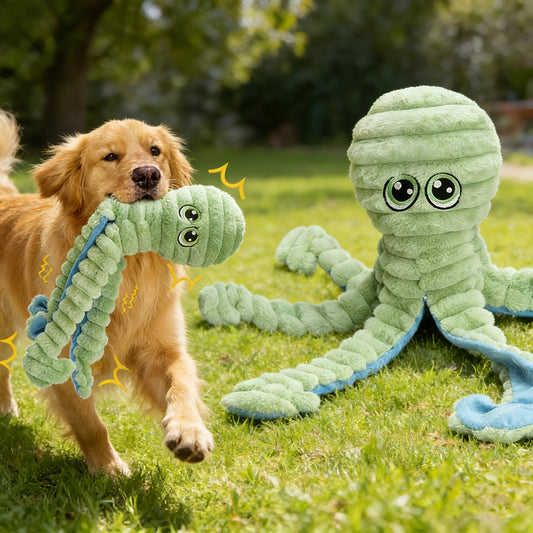 Dog Toy Squeaky Plush Octopus with Textured Tentacles and Six Color Options for Supervised Play
