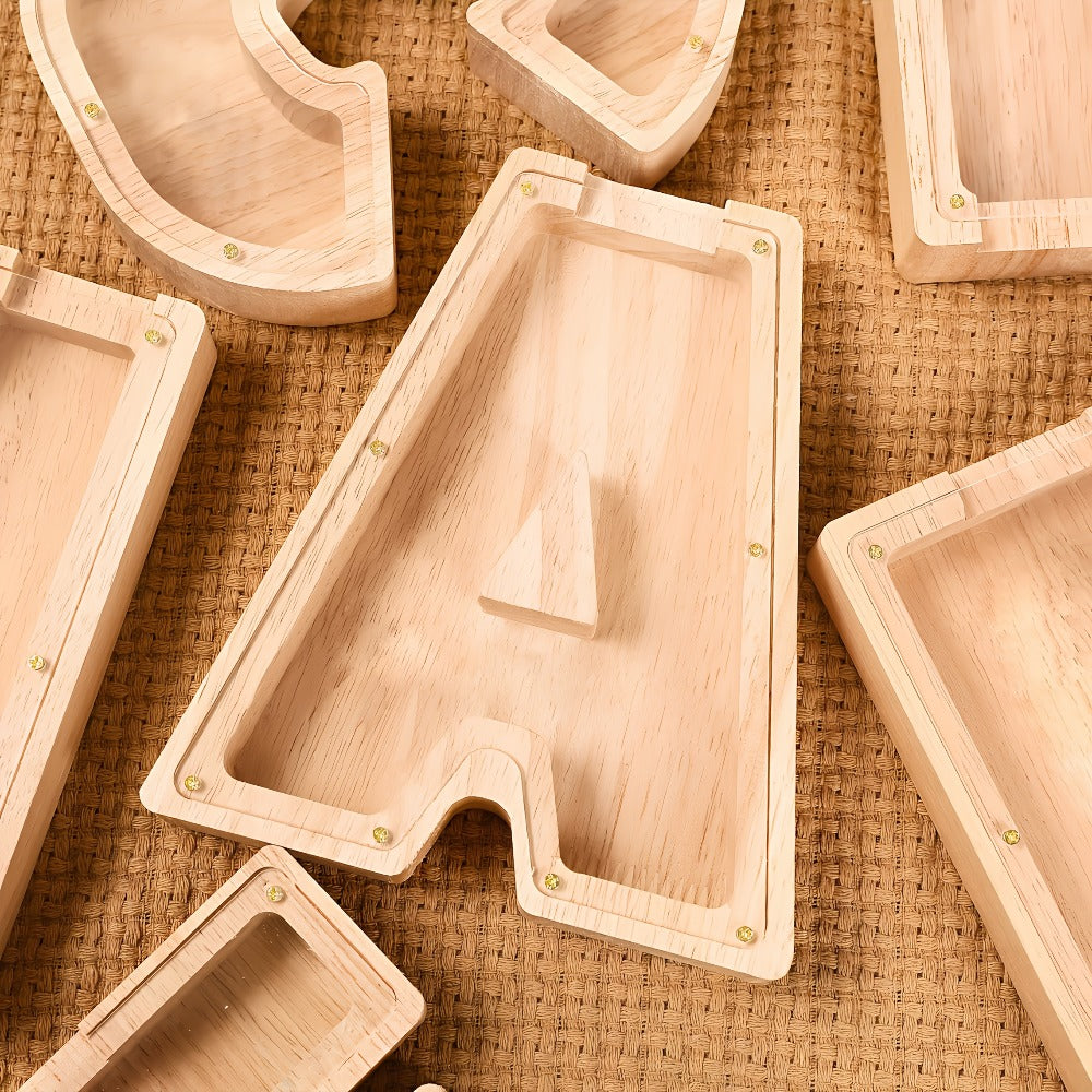 Wooden Alphabet Letter Coin Bank with Clear Front Panel, Top Slot and Eight Initial Options for Home Decor