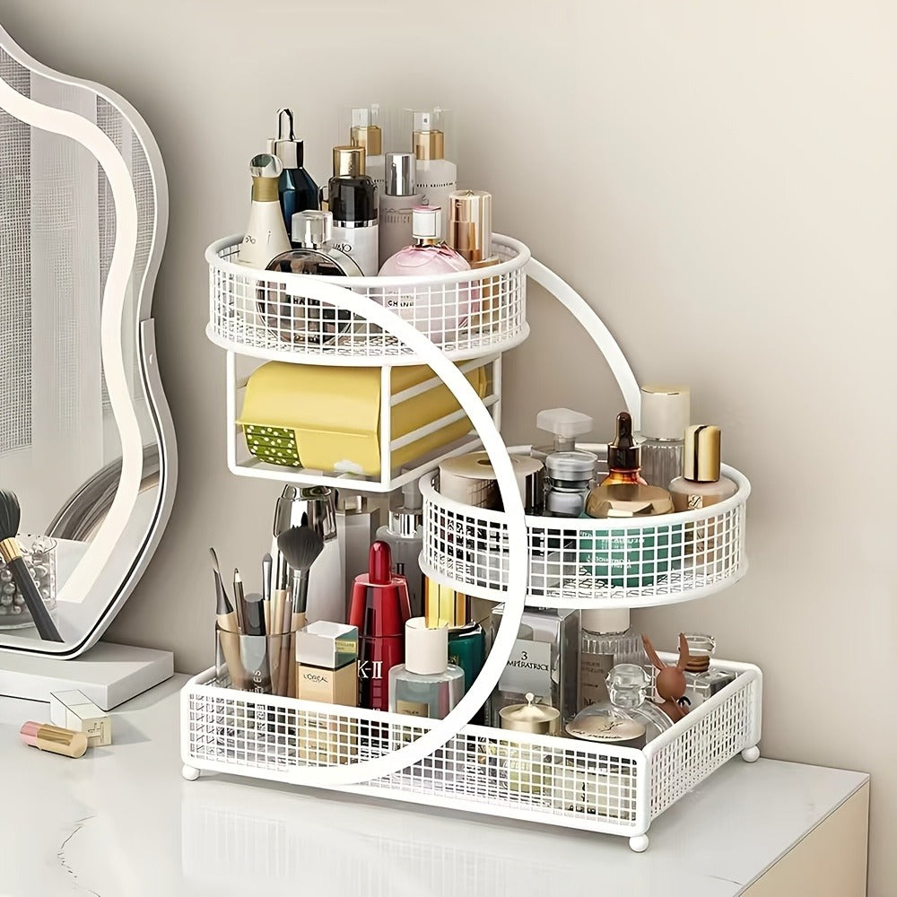 Three-Tier Metal Cosmetic Organizer with Tissue Box Holder in Black or White for Countertop Storage