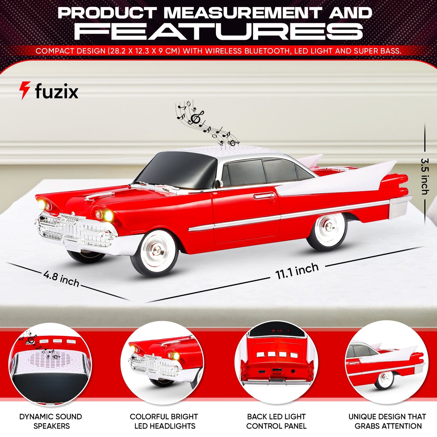Portable Bluetooth Speaker Fuzix WS-1965 Retro Car with LED Lights, Mic, FM, AUX, USB and TF