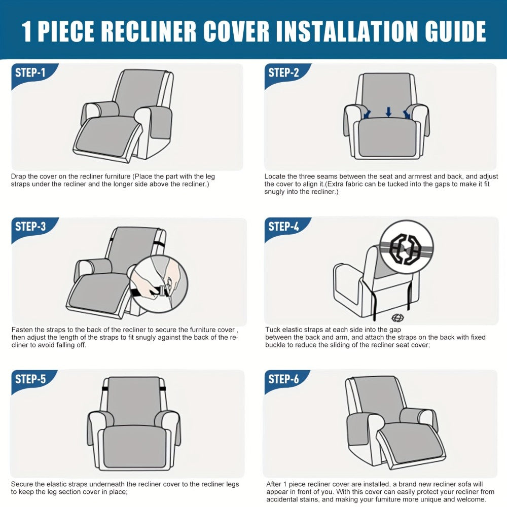 Quilted One-Piece Recliner Chair Cover with Side Pockets, Back Buckle Strap and 11 Color Options