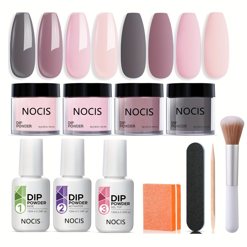 Dip Powder Nail Kit with NOCIS Label, Four Nude Gray Pink Powders, Three 10ml Liquids and Four Tools