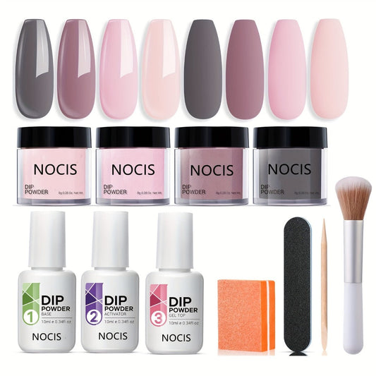 11-Piece Dip Powder Nail Kit Nude Grey Pink — 4 Colors Complete Dipping Set with Base Coat Activator Top Coat Nail Tools No Lamp French Manicure Gift for Women
