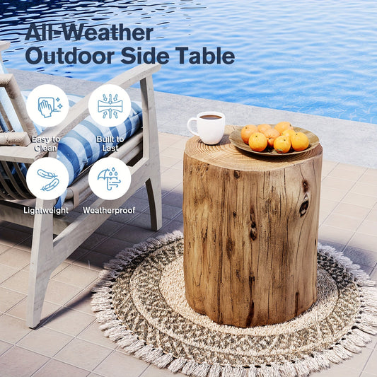 Tree Stump Side Table Outdoor Indoor | 220 Lbs Capacity Faux Wood Accent Table, All-Weather Magnesia, Plant Stand, Patio Stool & End Table for Porch Balcony Garden Living Room
