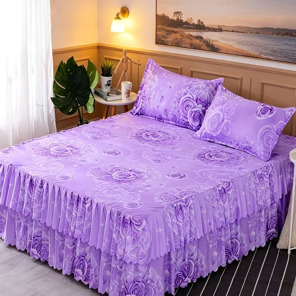 Three-Piece Floral Ruffle Bed Skirt Set with Two Pillowcases in Five Designs and Three Bed Sizes