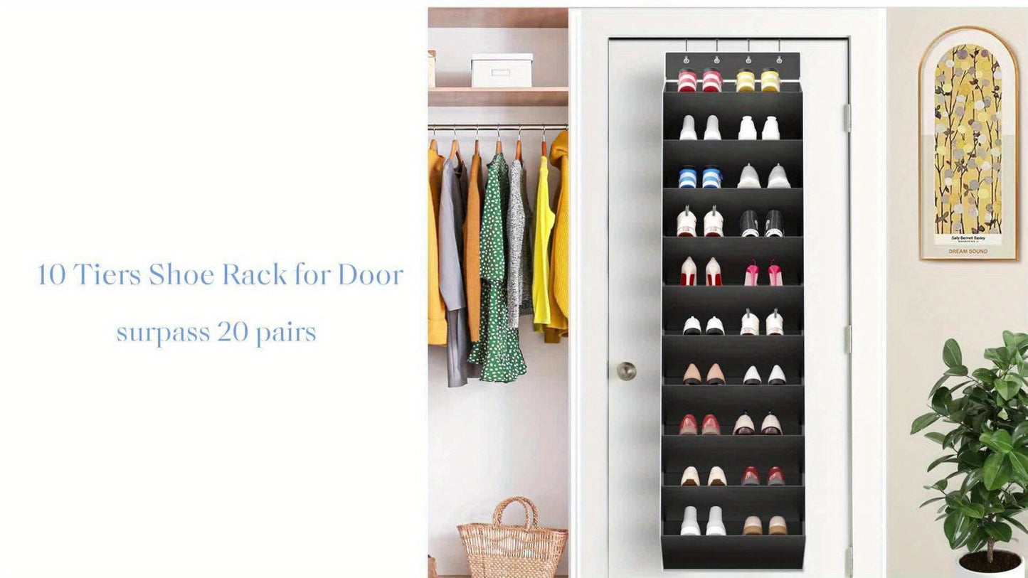 Shoe Rack 10-Tier Space-Saving Over-the-Door Organizer for Up to 20 Pairs with 4 Metal Hooks in Gray